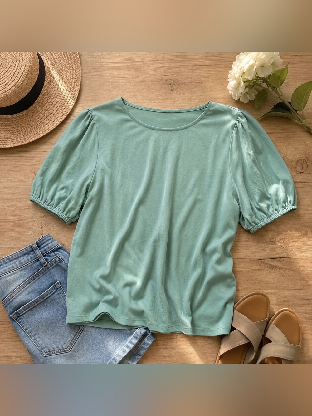 Green Envelope Los Angeles Sage Puff Sleeve Modal Blend Top Size S Made in USA
